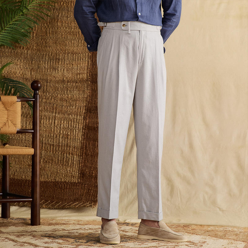 Men's Monaco Linen Double Pleated Straight Fit Trousers