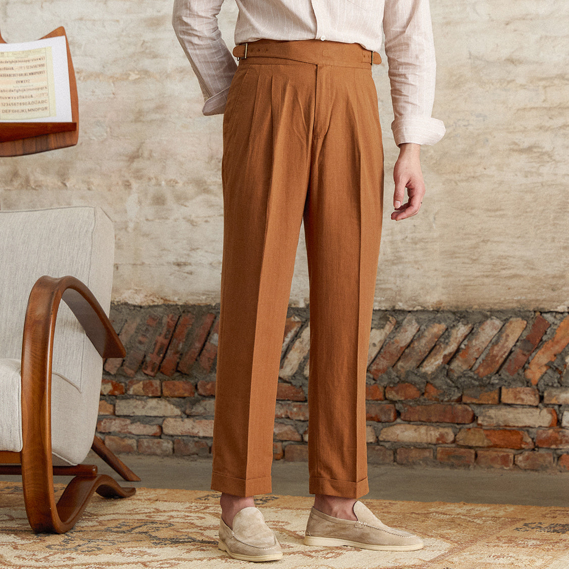 Men's  Napolitana Linen Blend Double Pleated Straight Fit Trousers