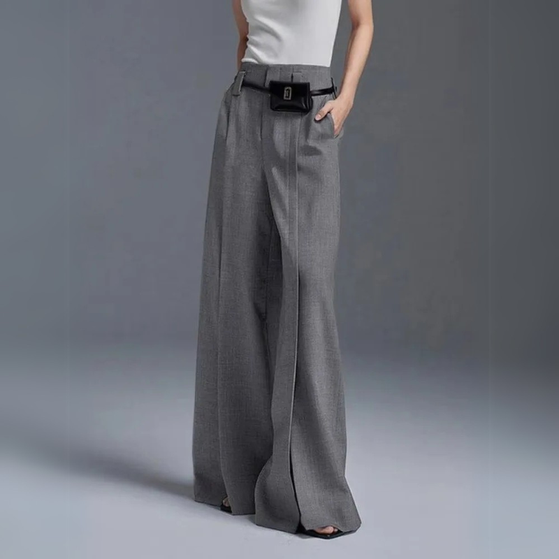 Women's Wide Leg High Waist Trousers with Front Slit and Pleats, Wrinkle-Free, Elegant for Office and Casual Wear