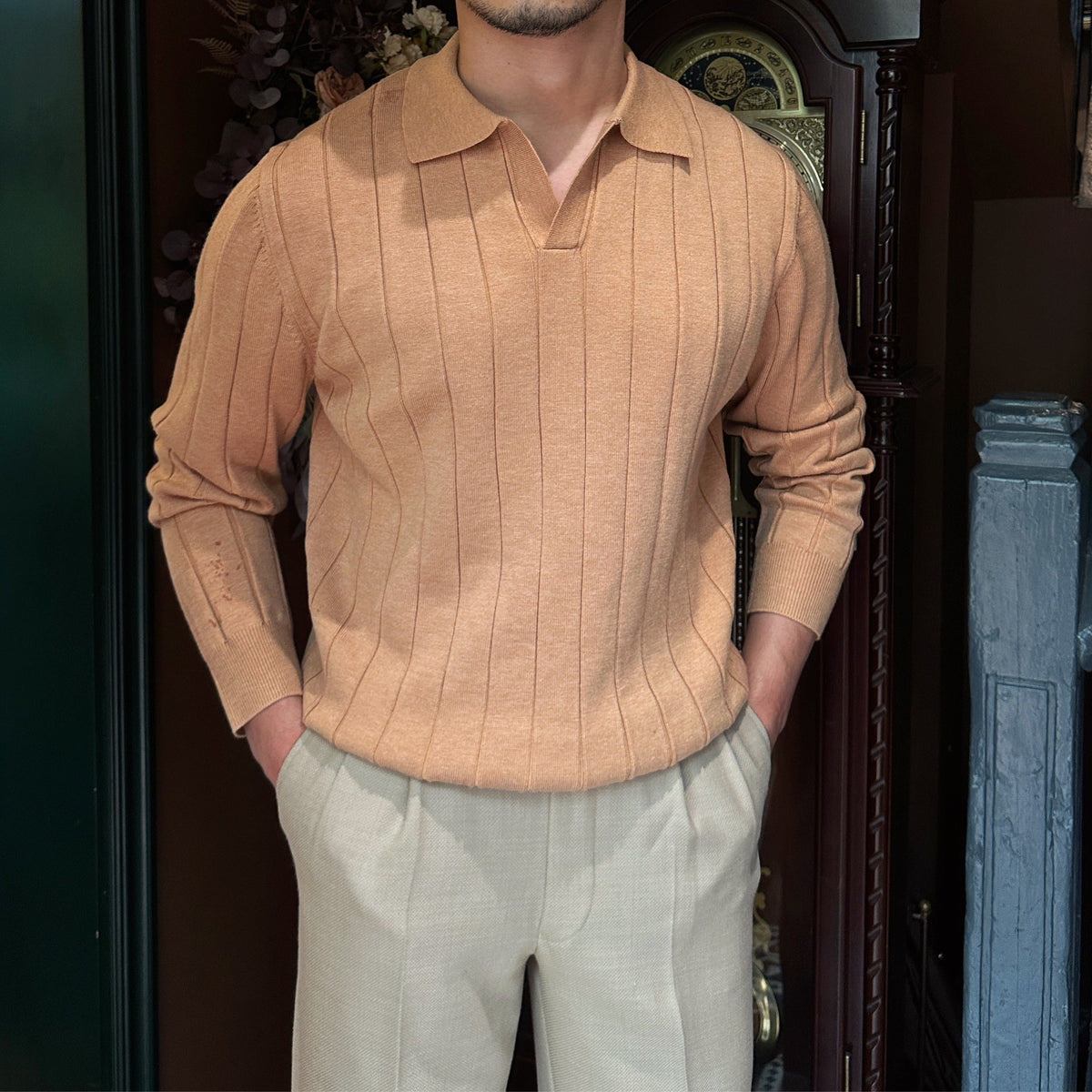 Men’s Pleated Knitted Long Sleeve Polo Shirt