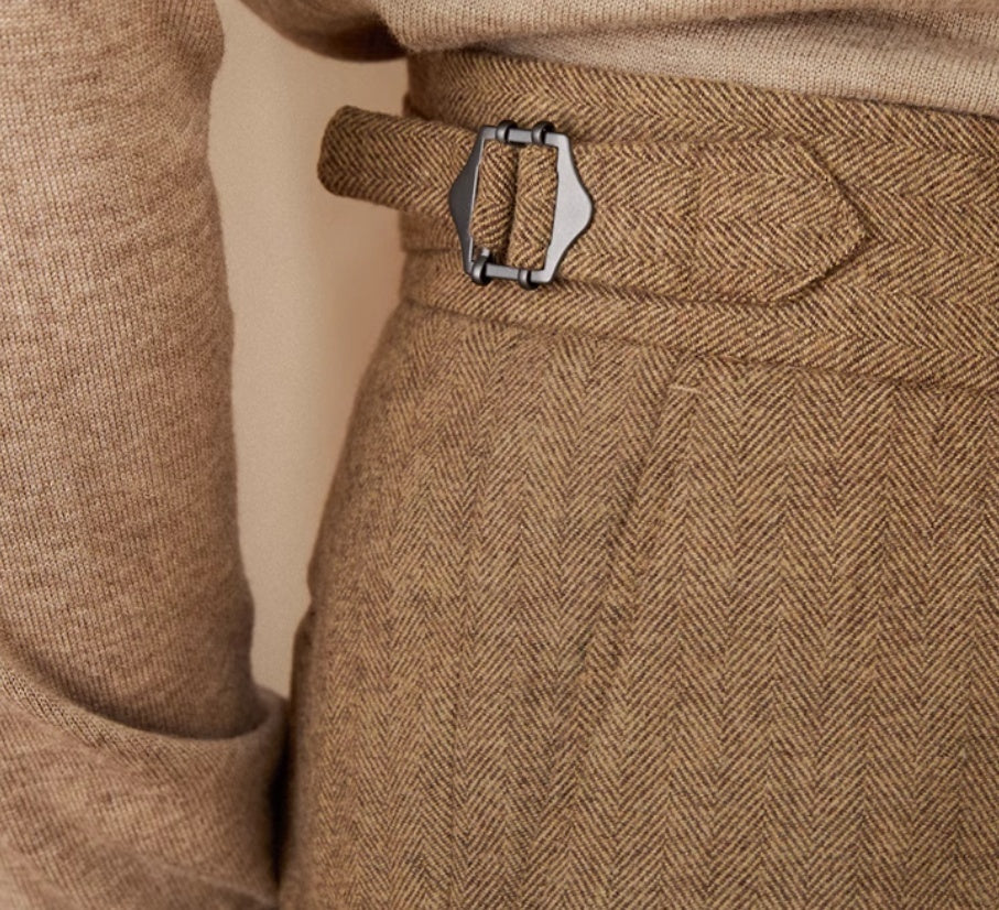 Men’s Herringbone Wool Blend Straight Fit Pleated Trousers