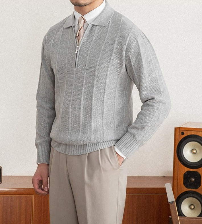 Men's Pleated Elegance Polo Half Zip Knitted Sweater