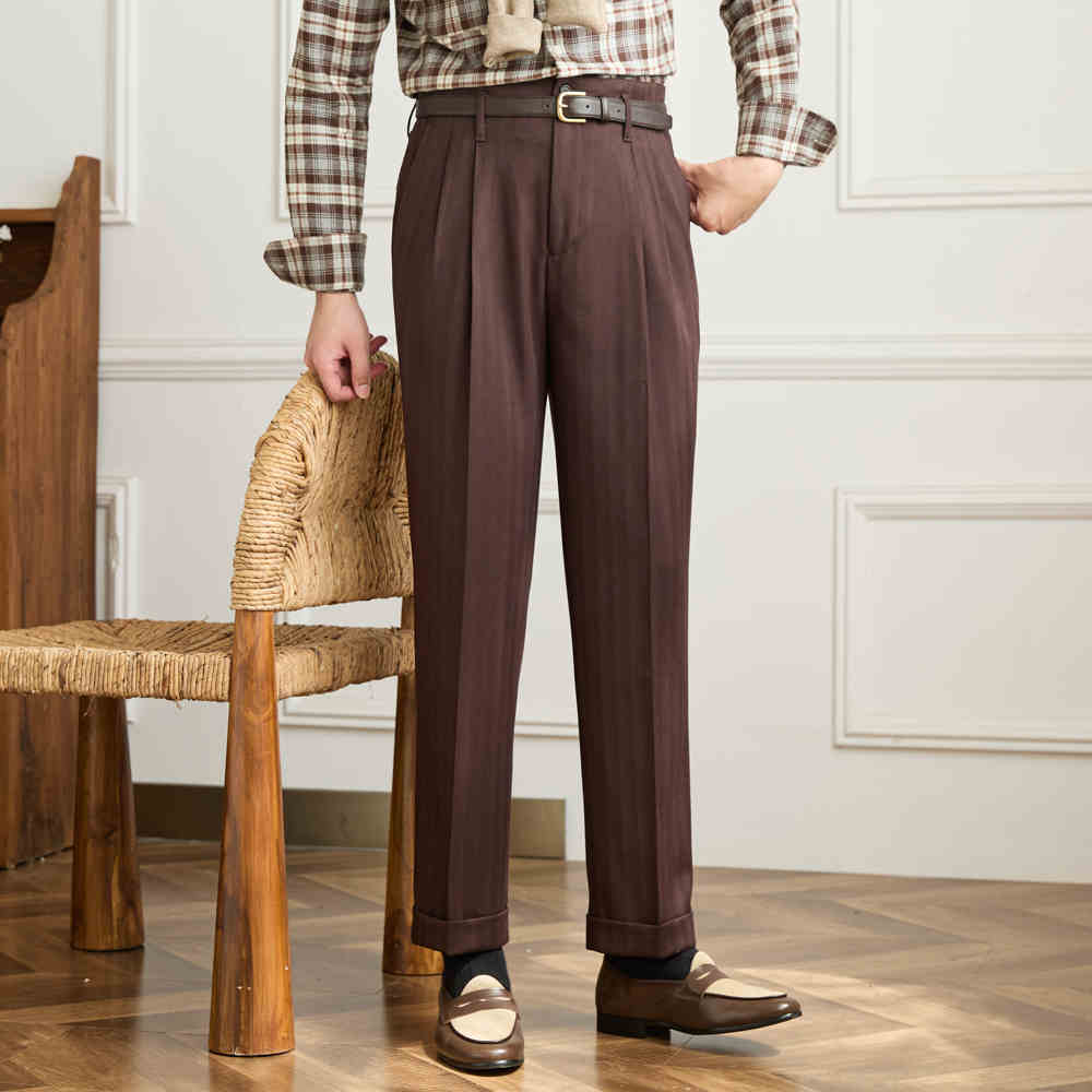 Men’s Herringbone Straight Fit Double Pleated Trousers