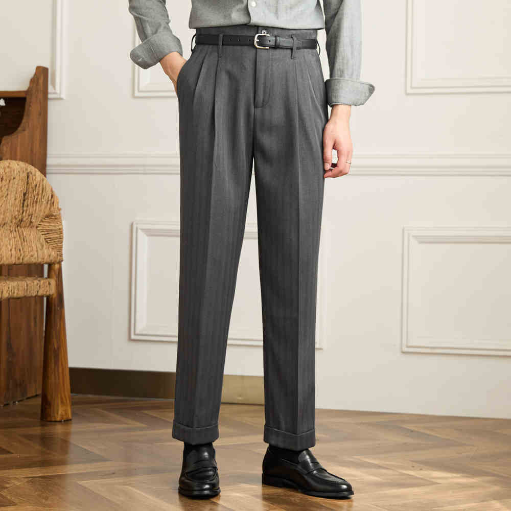 Men’s Herringbone Straight Fit Double Pleated Trousers