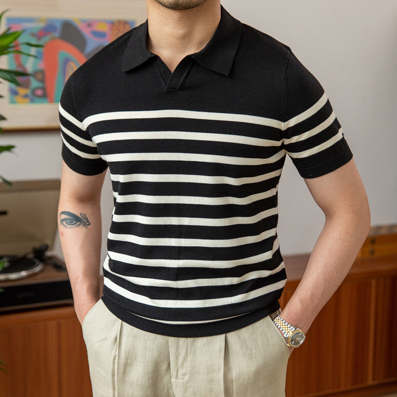 Men's Buttonless Striped Knitted Polo