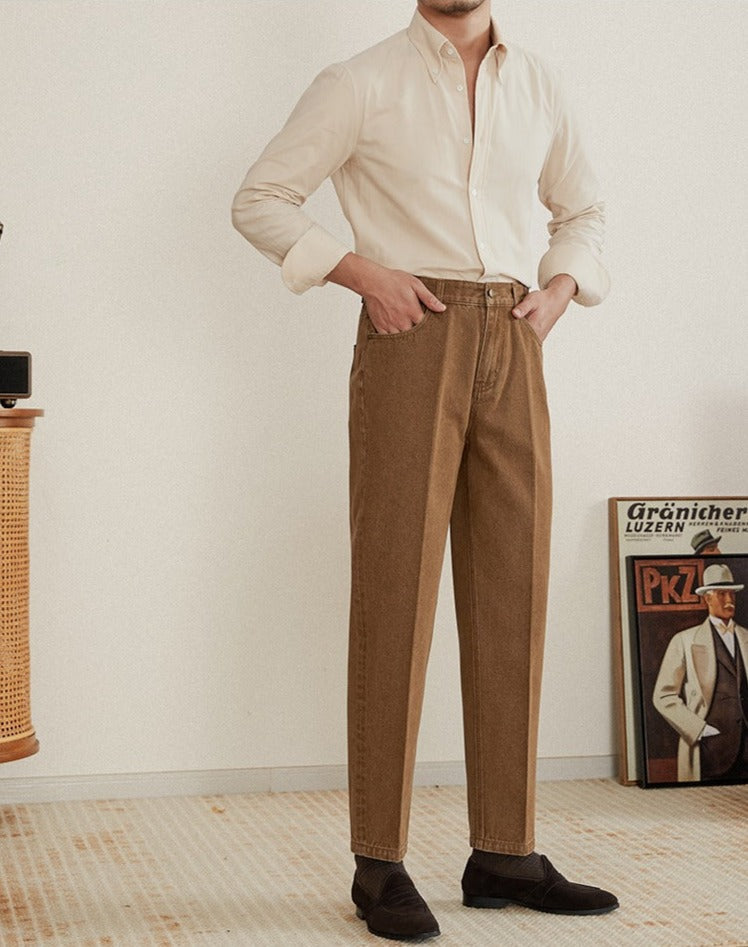 Men's Cotton Denim Trousers with Pleats