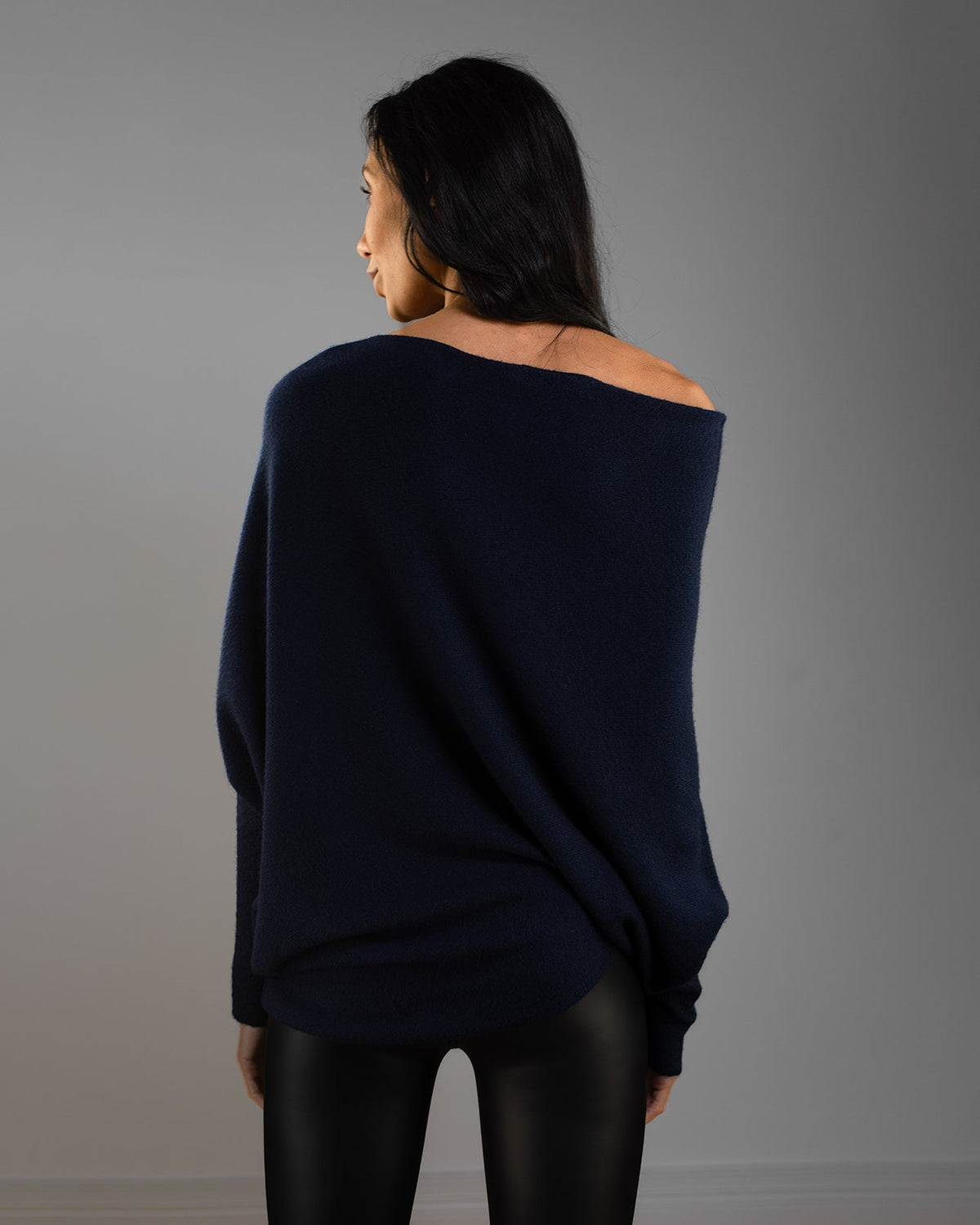 Women's Navy Asymmetrical Draped Seamless Knit Top