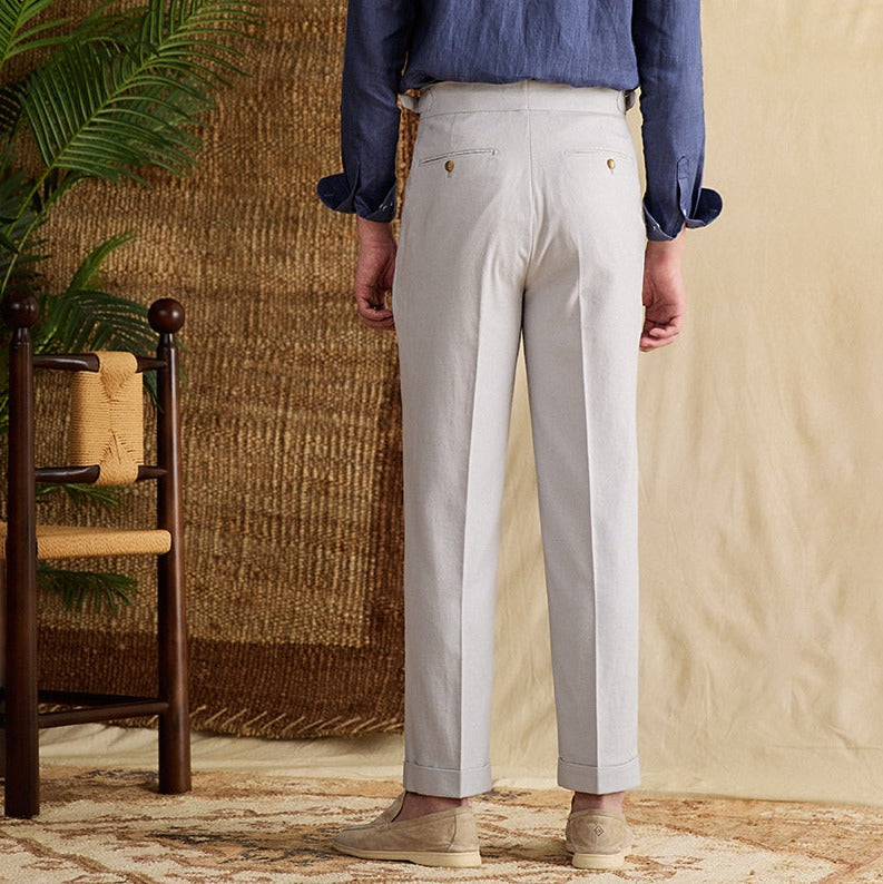 Men's Monaco Linen Double Pleated Straight Fit Trousers