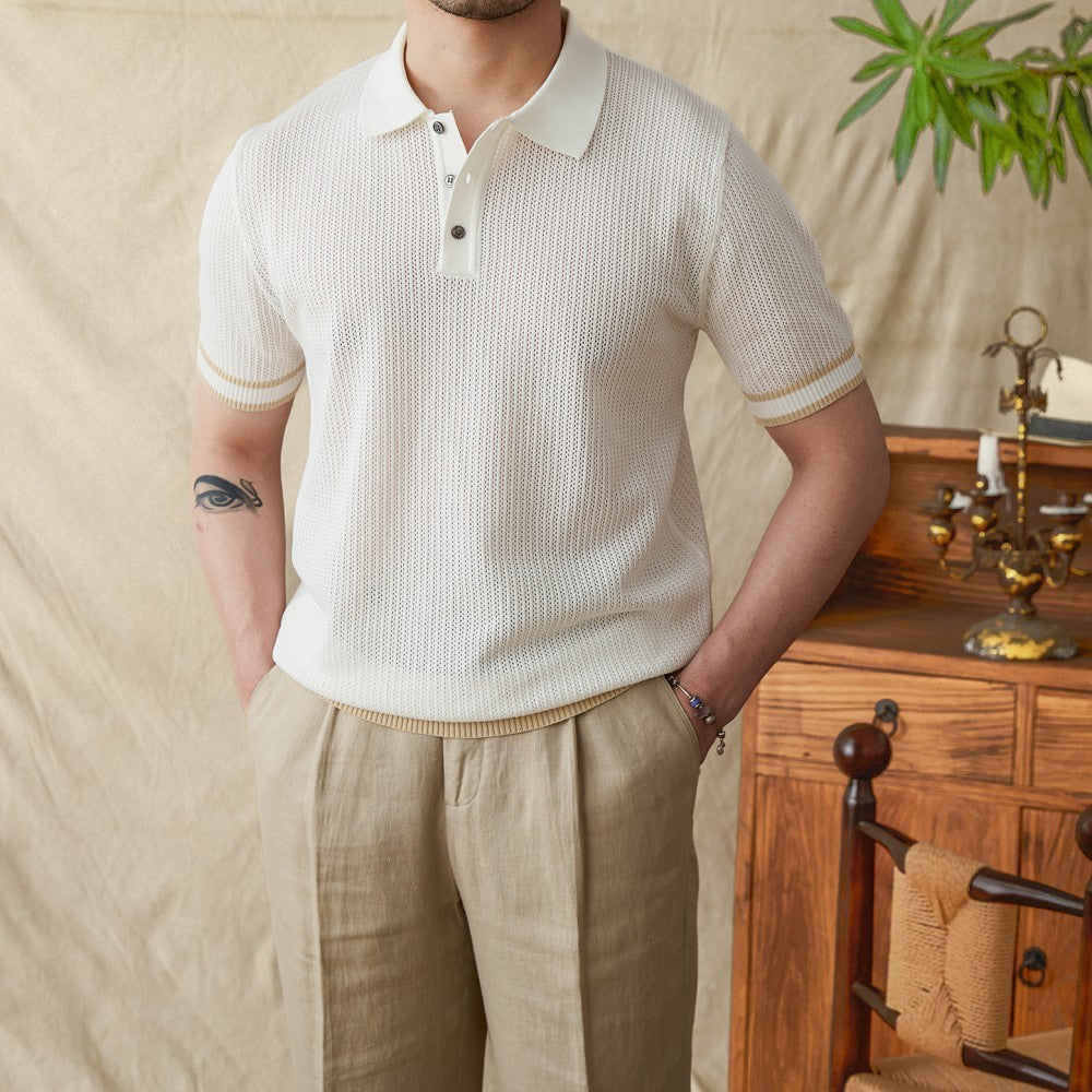 Men’s Contrast Crochet Knit Short Sleeve Polo Shirt