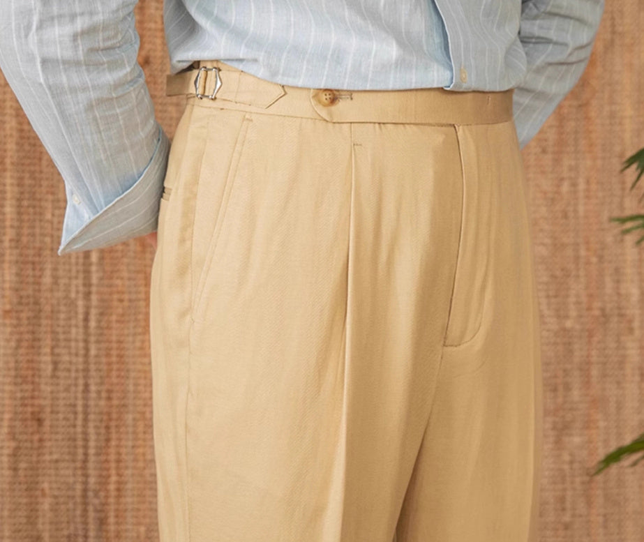 Men’s Cotton Linen Straight Fit Pleated Trousers