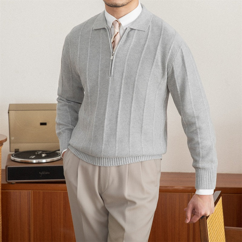 Men's Pleated Elegance Polo Half Zip Knitted Sweater