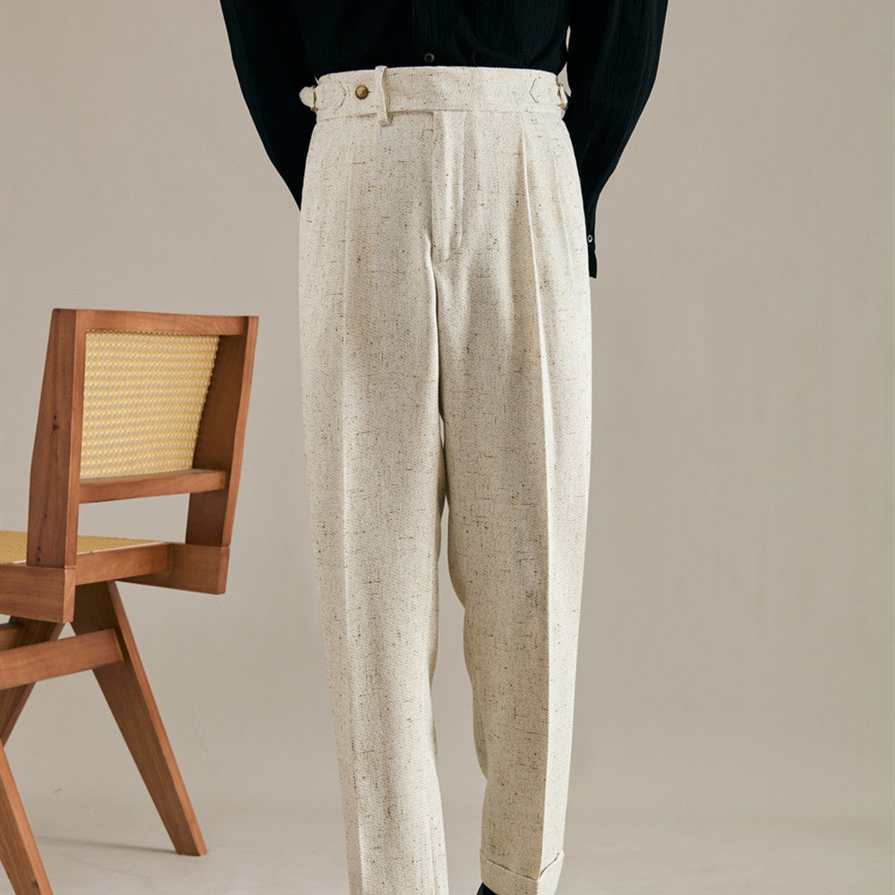 Men's Linen Straight-Fit Trousers with Double Pleats