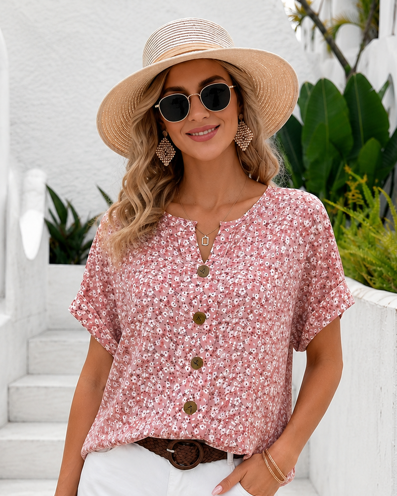 Women’s Floral Print Short Sleeve Button-Front Blouse
