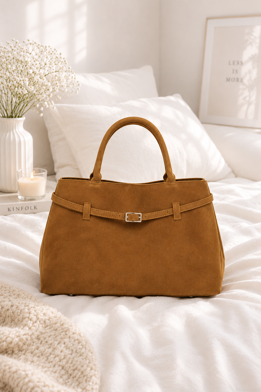 Women’s Large Faux Suede Tote Bag with Hasp Closure