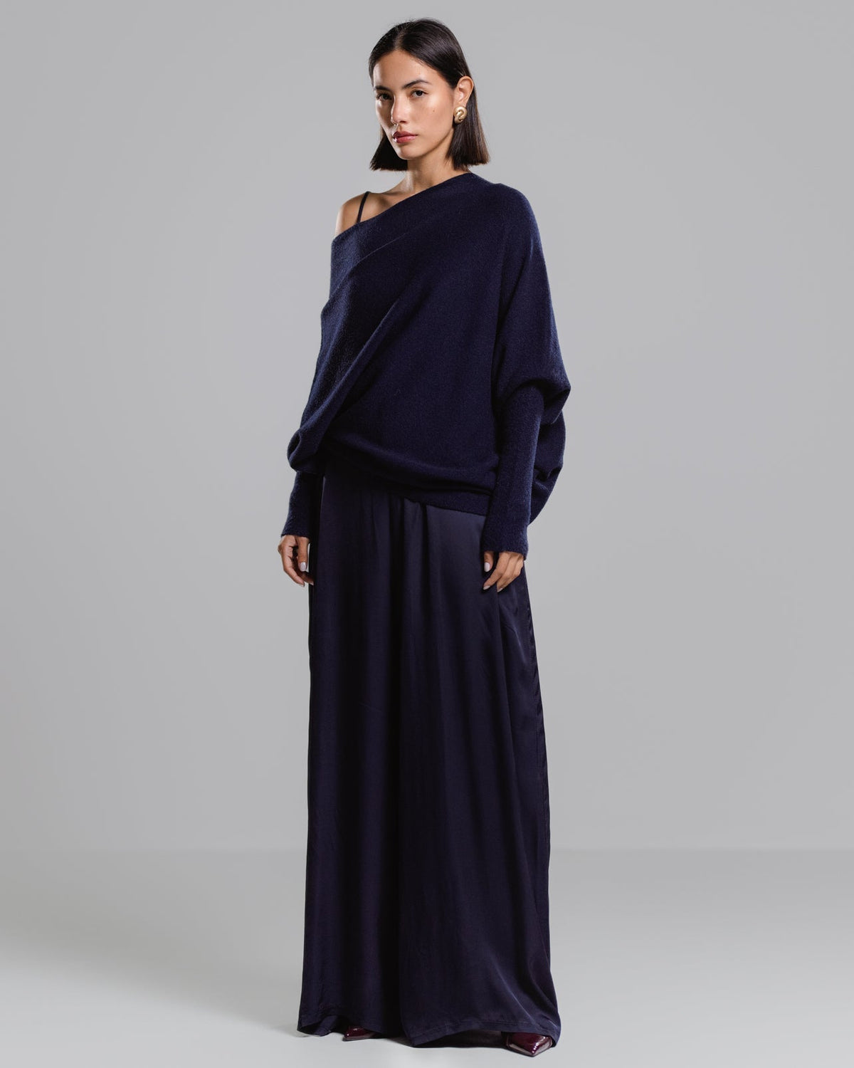 Women's Navy Asymmetrical Draped Seamless Knit Top