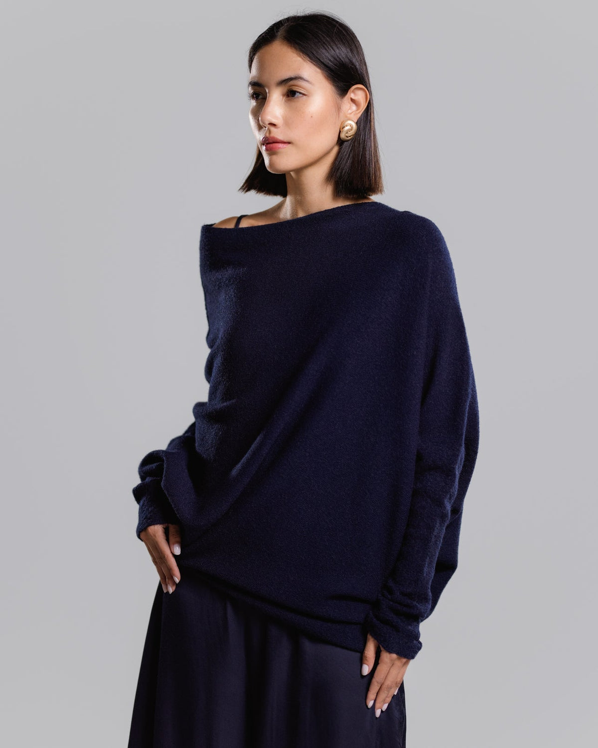 Women's Navy Asymmetrical Draped Seamless Knit Top