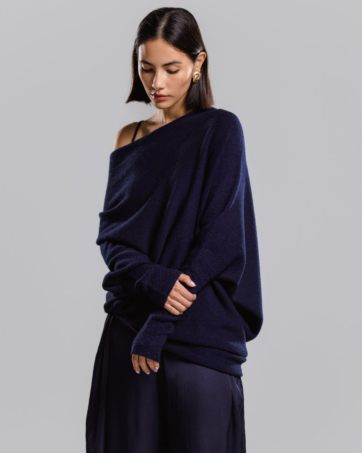 Women's Navy Asymmetrical Draped Seamless Knit Top