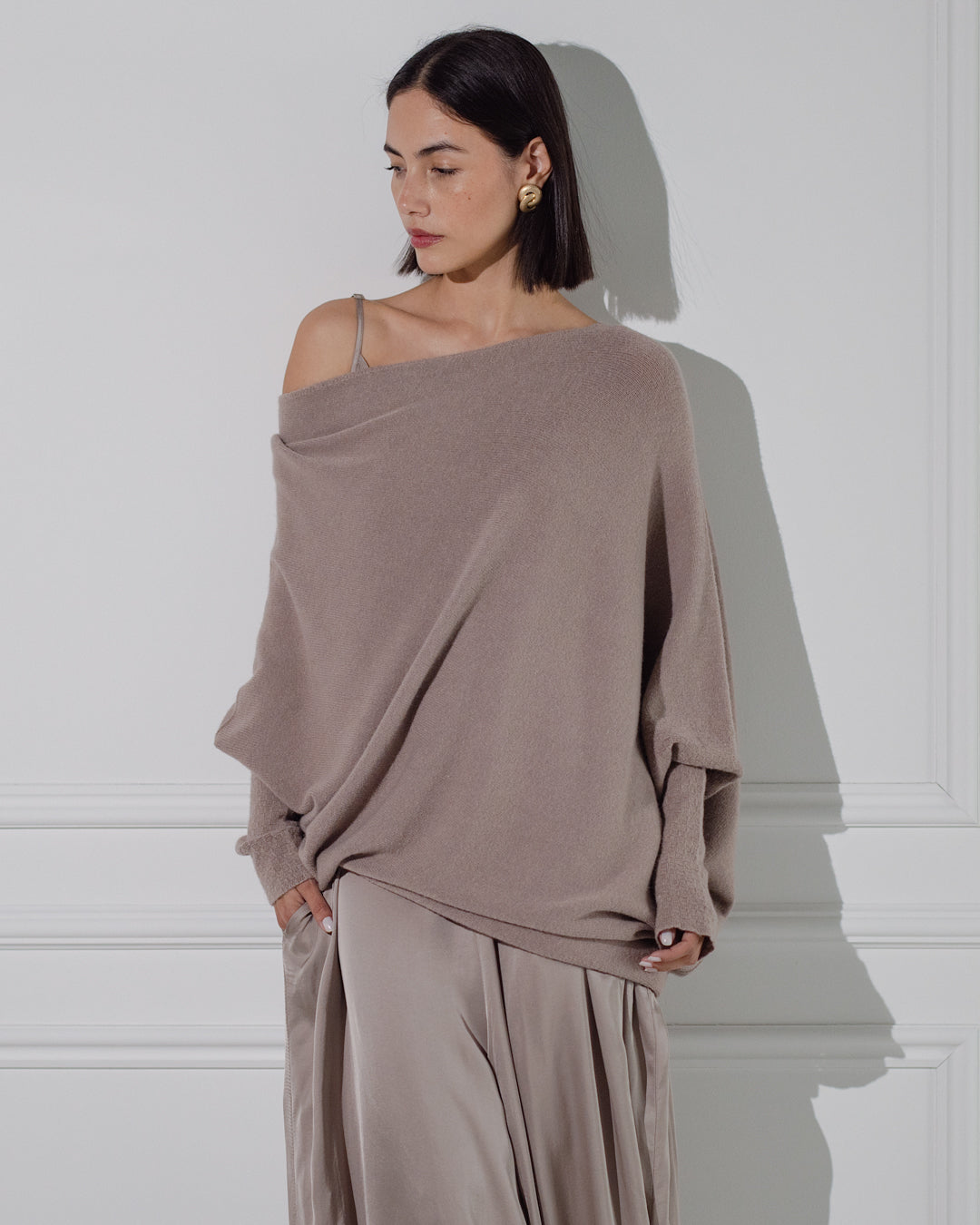 Women's Mocha Asymmetric Draped Knit Top