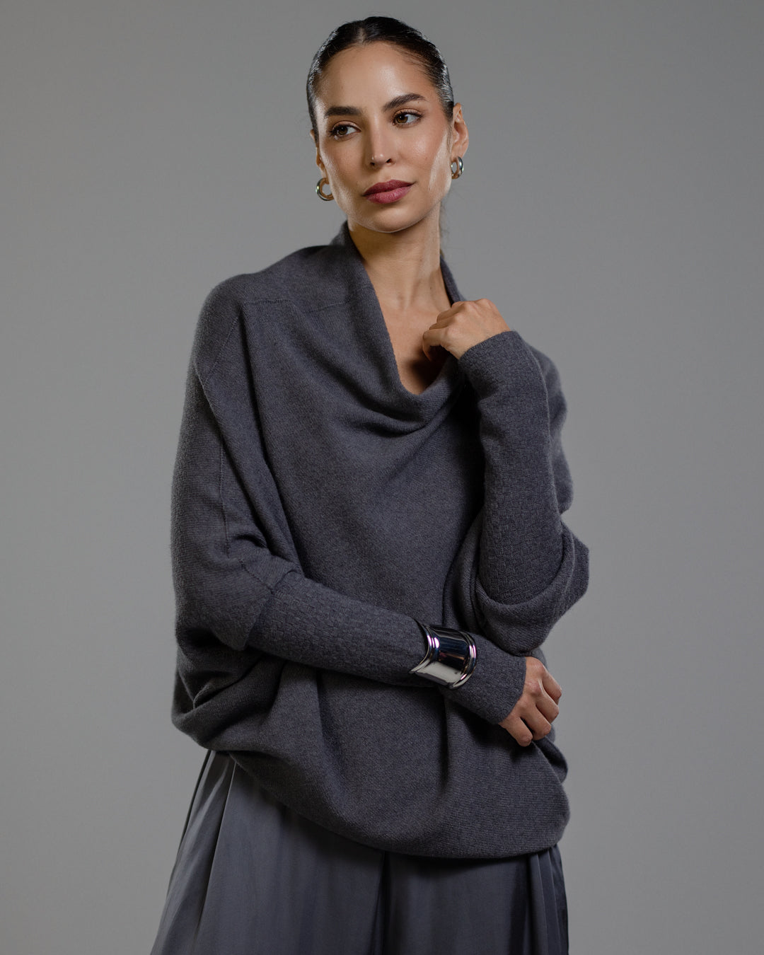Women's Charcoal Asymmetric Draped Knit Top