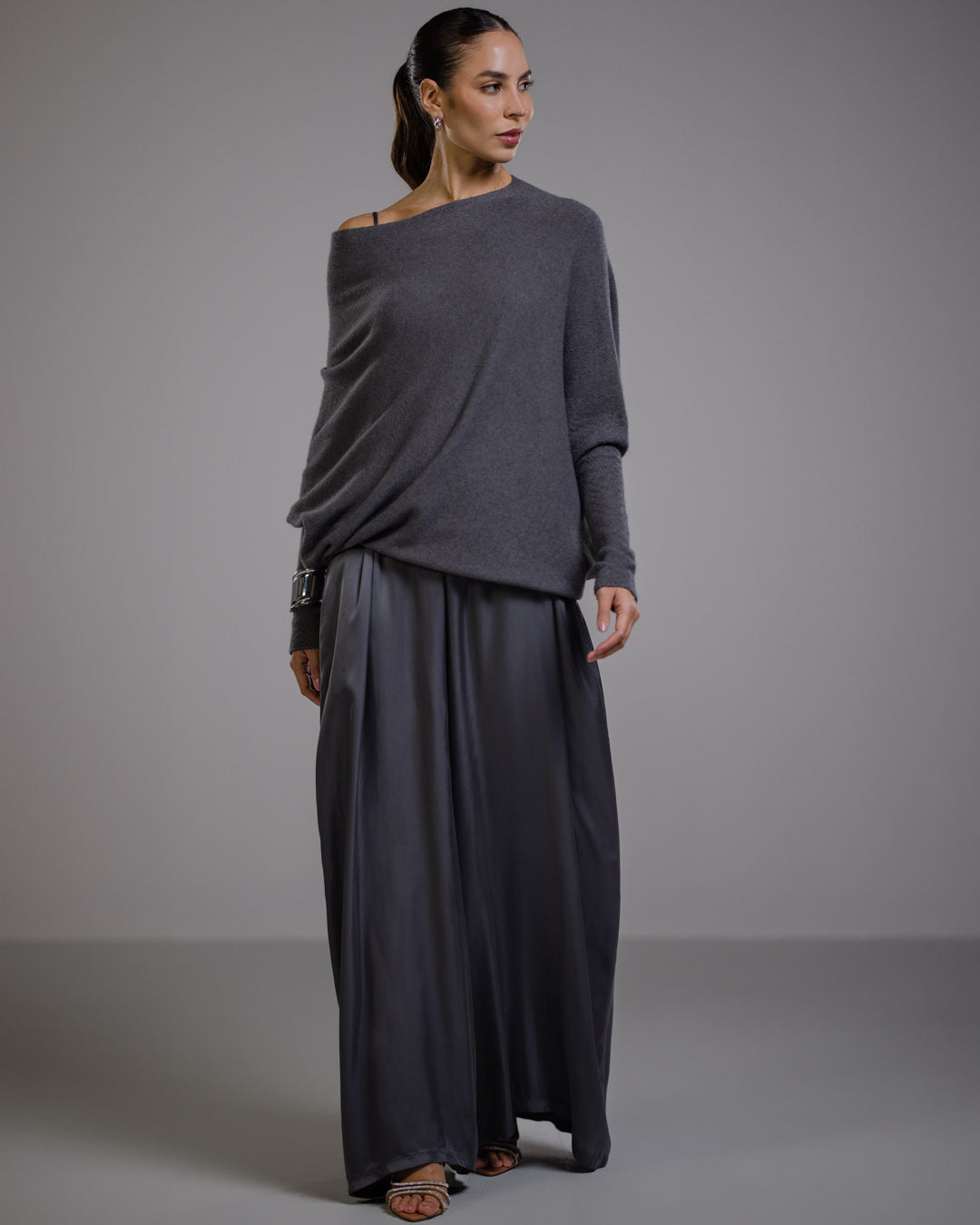 Women's Charcoal Asymmetric Draped Knit Top