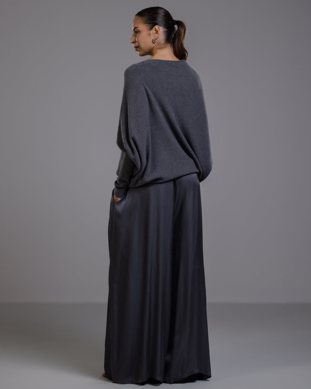 Women's Charcoal Asymmetric Draped Knit Top