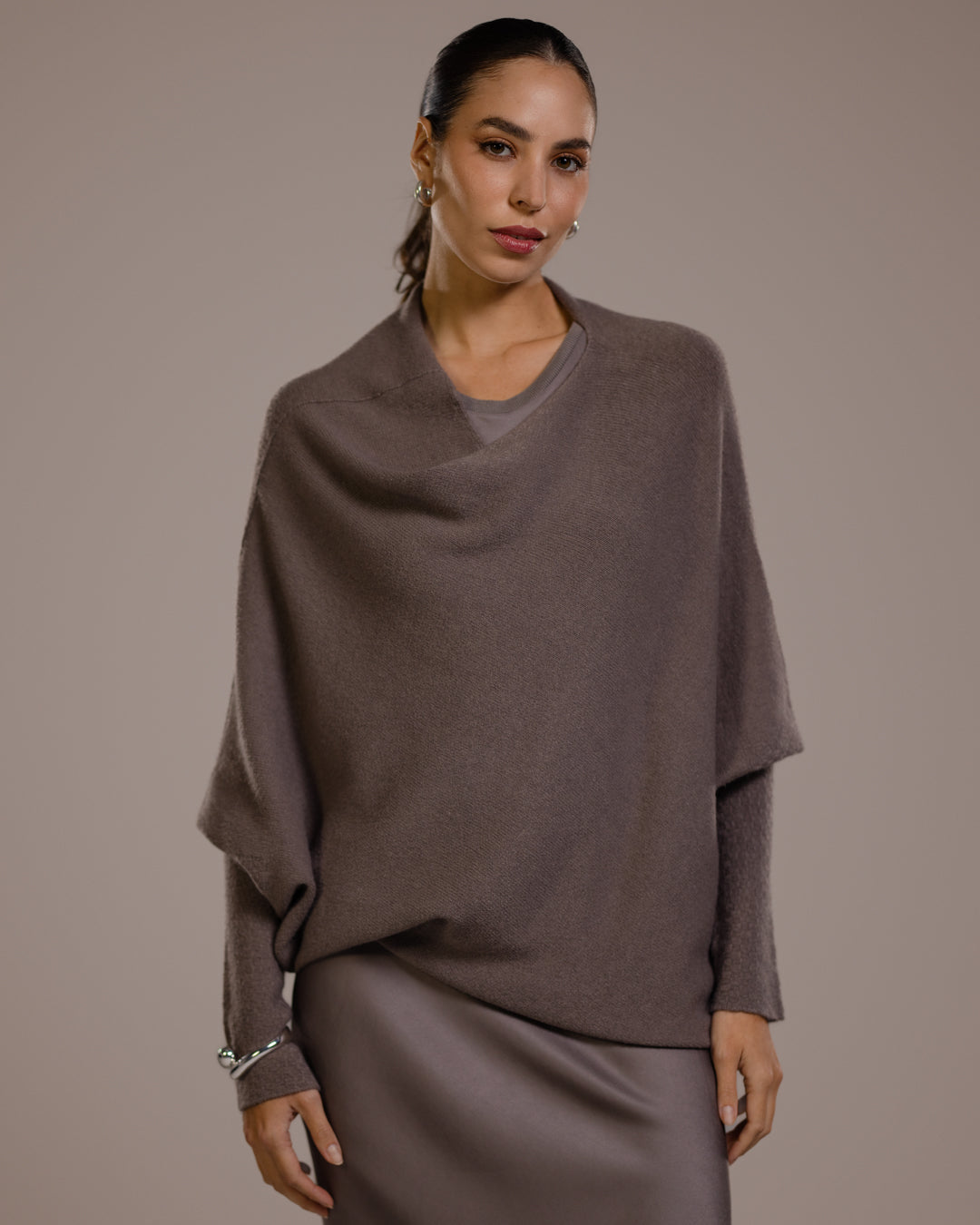 Women's Asymmetric Draped Top in Mink, Seamless Knit