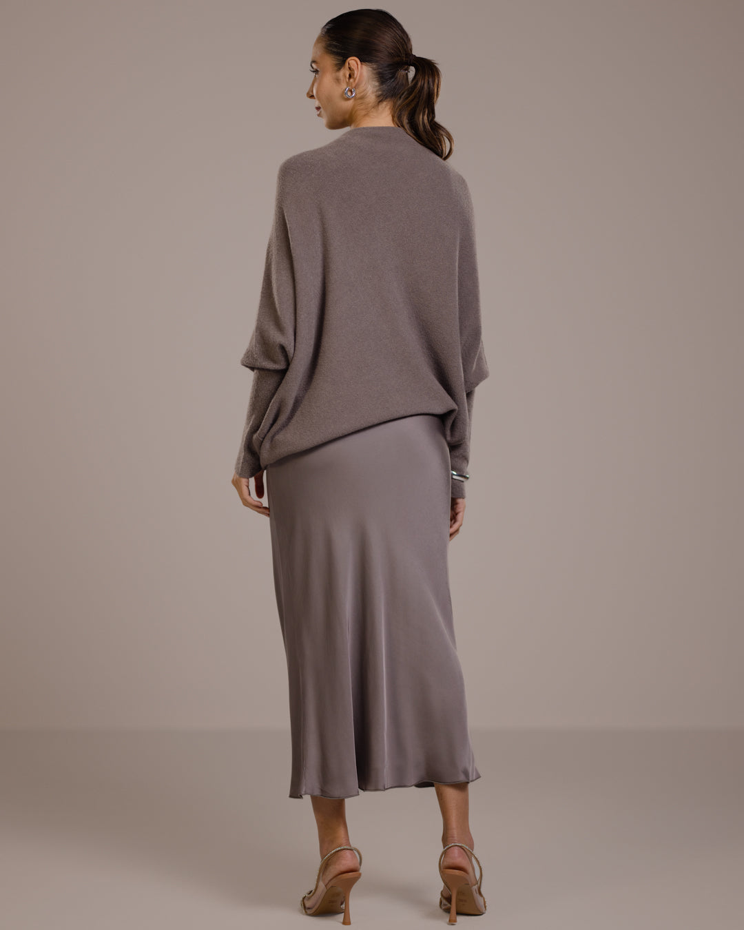Women's Asymmetric Draped Top in Mink, Seamless Knit
