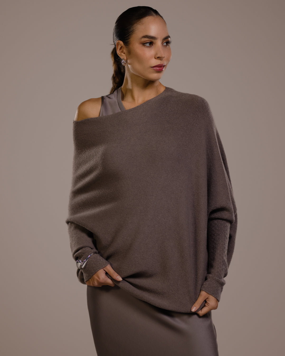 Women's Asymmetric Draped Top in Mink, Seamless Knit