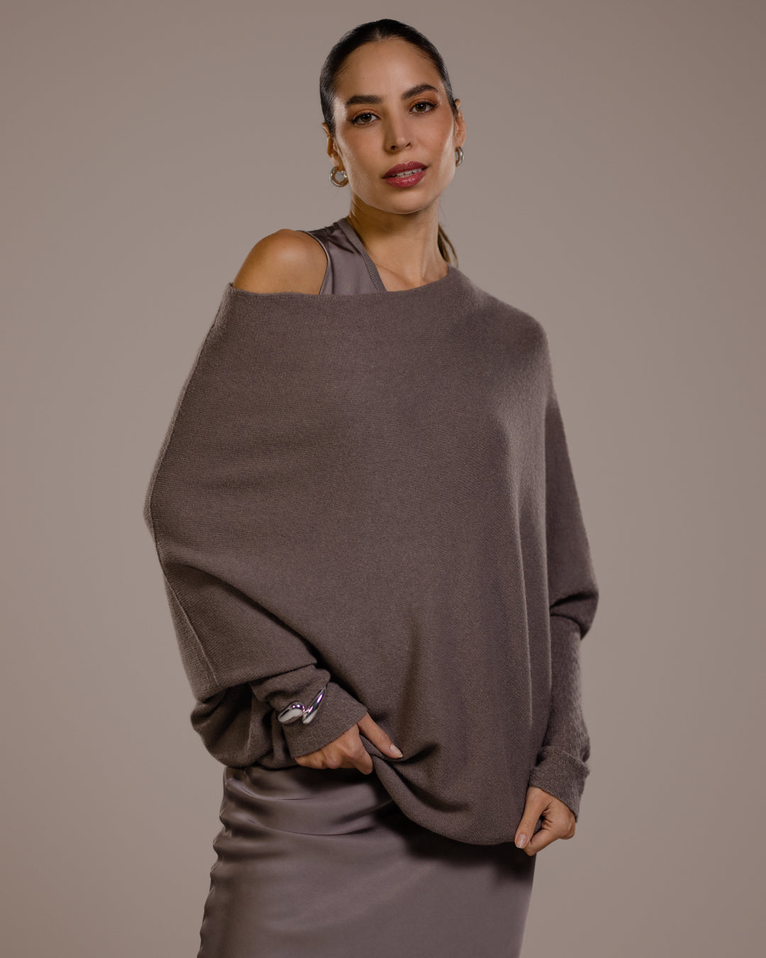 Women's Asymmetric Draped Top in Mink, Seamless Knit