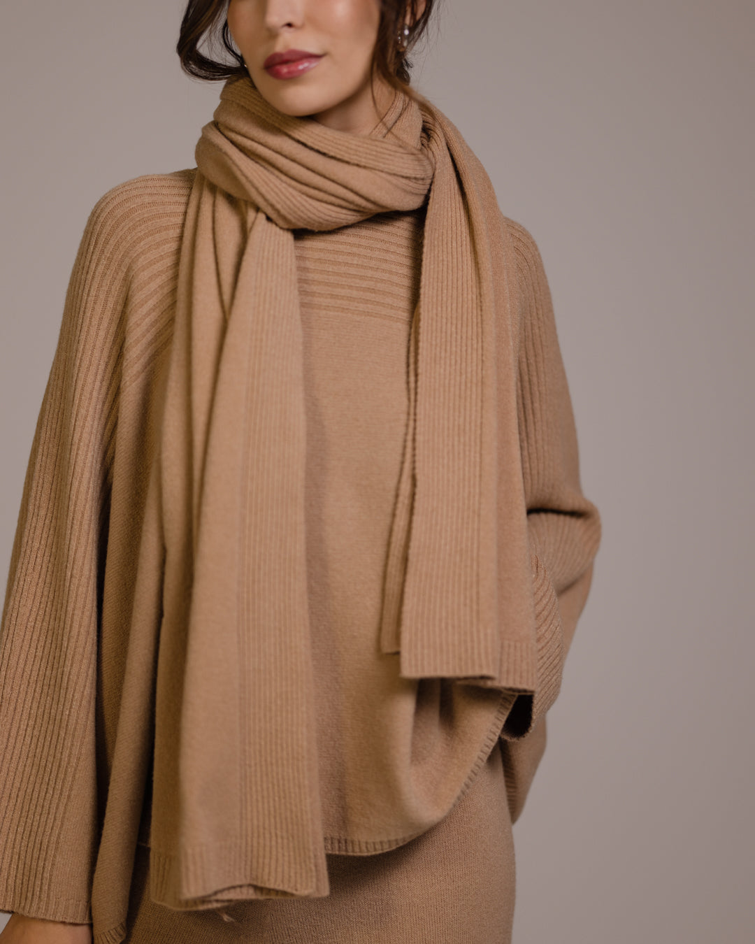 Women's Camel Ribbed Shawl, Textured Knit Wrap