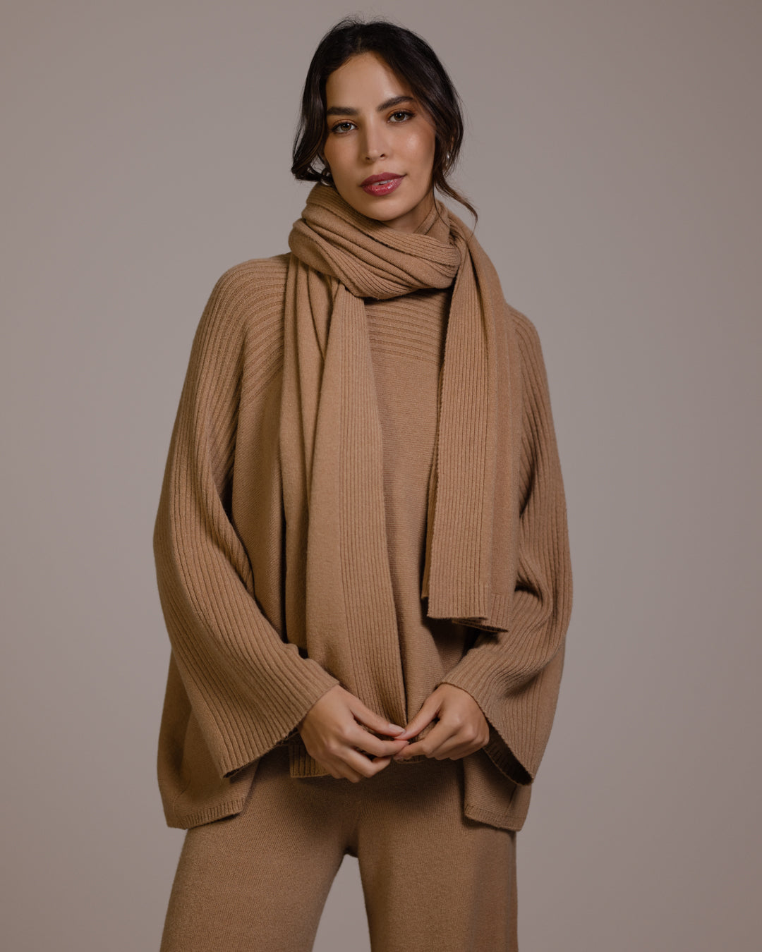 Women's Camel Ribbed Shawl, Textured Knit Wrap