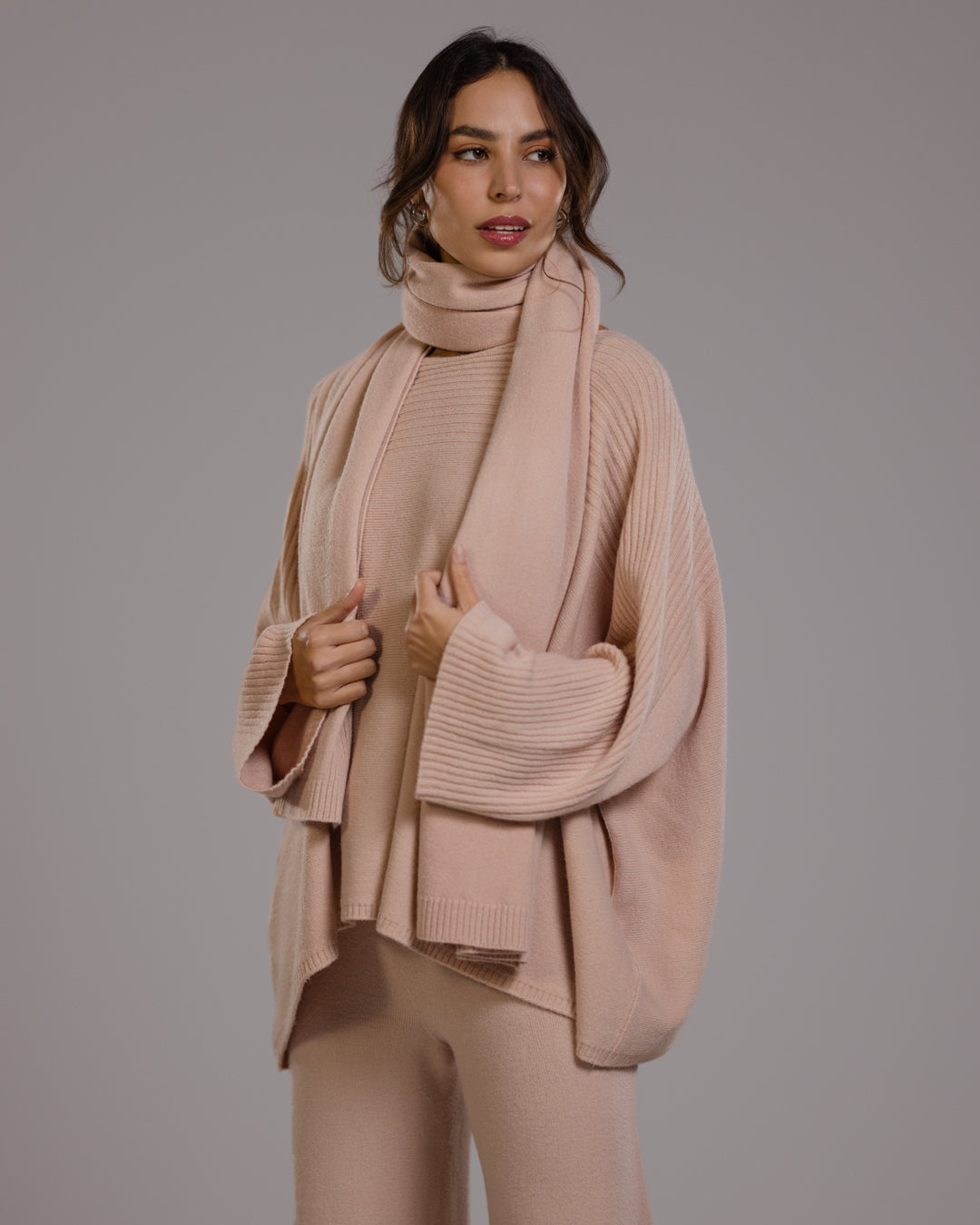 Women's Dusty Pink Ribbed Shawl, Textured Knit Wrap