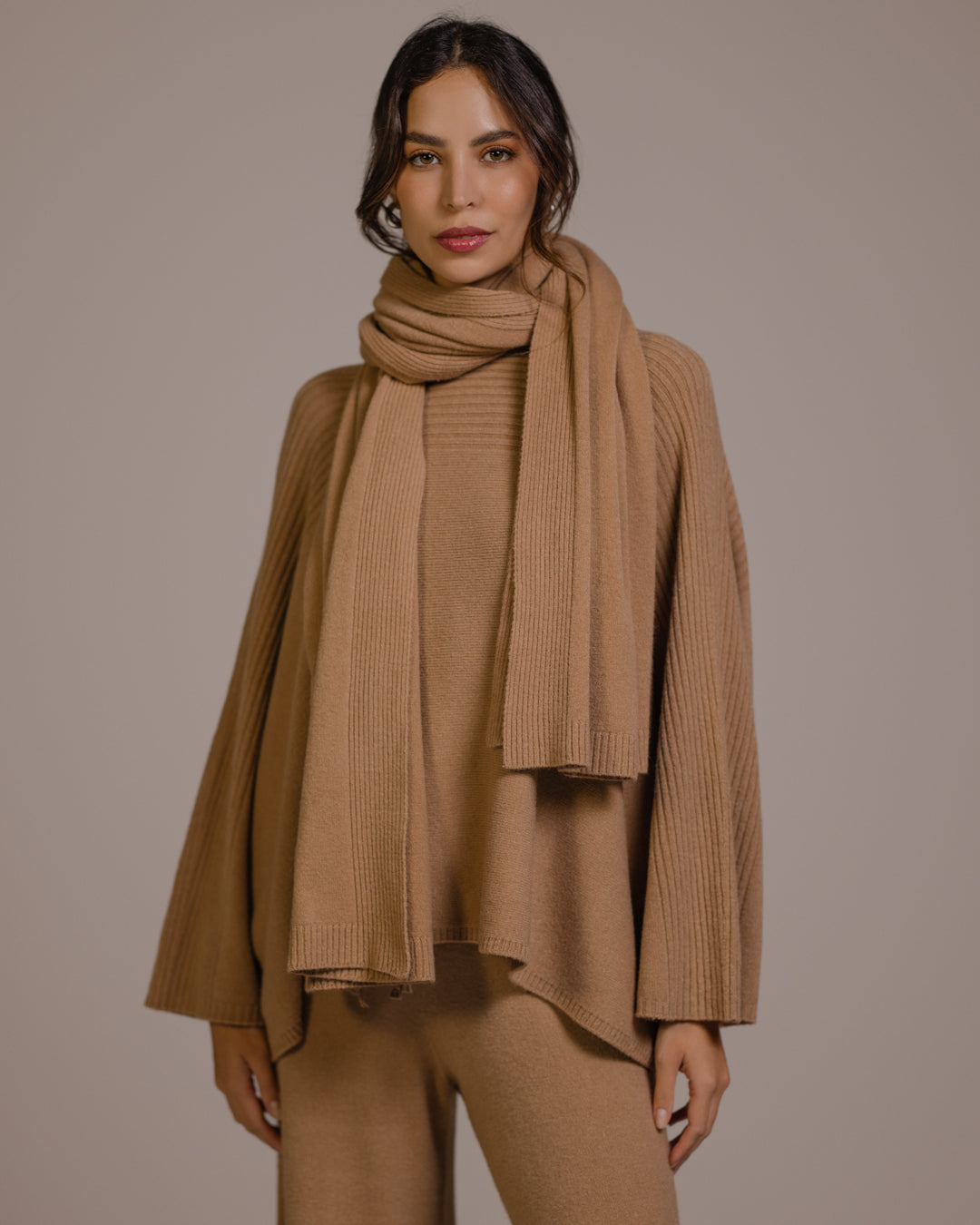 Women's Camel Ribbed Shawl, Textured Knit Wrap