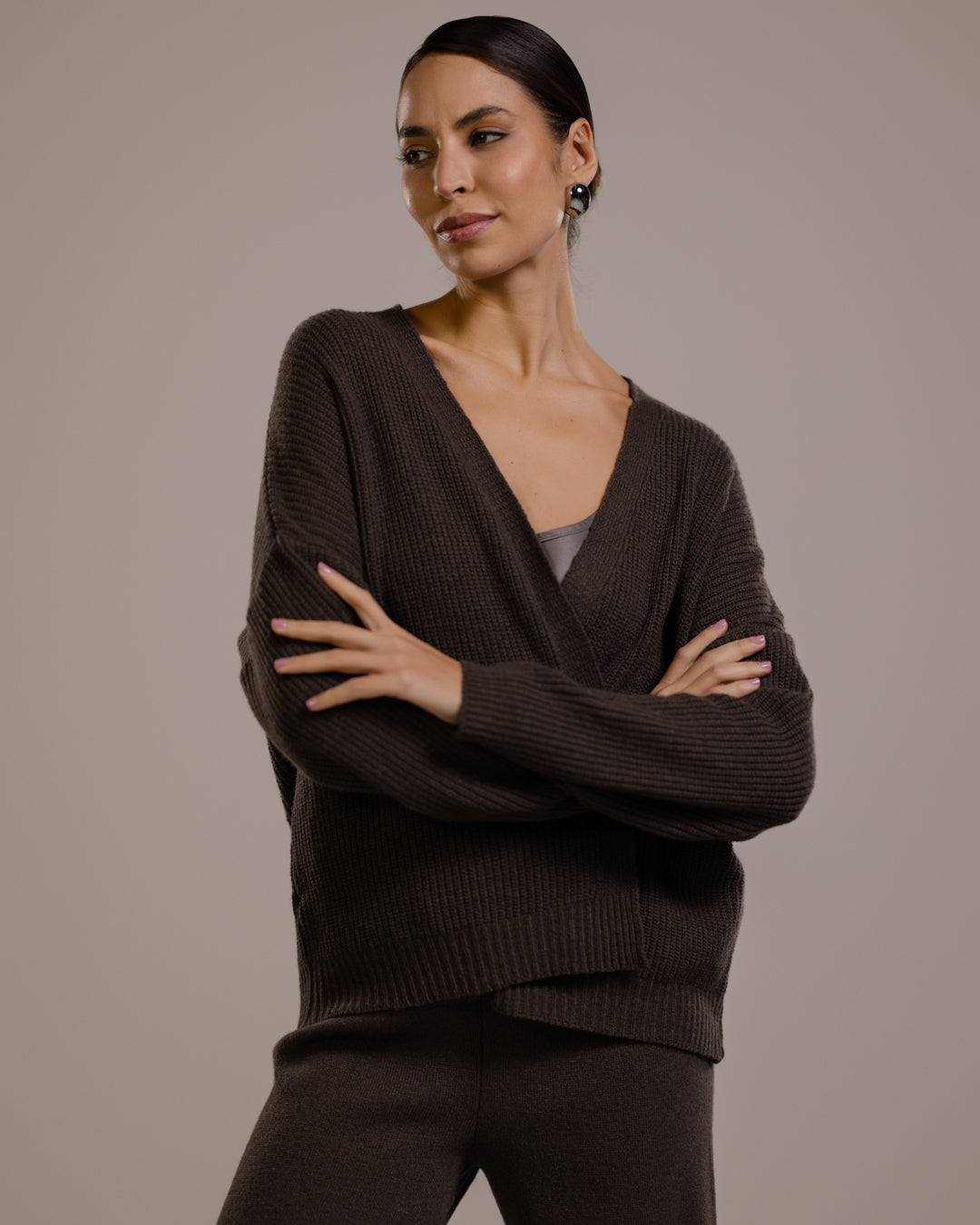 Women's Espresso Brown Open Cardigan, Cashmere-Wool Blend Knit