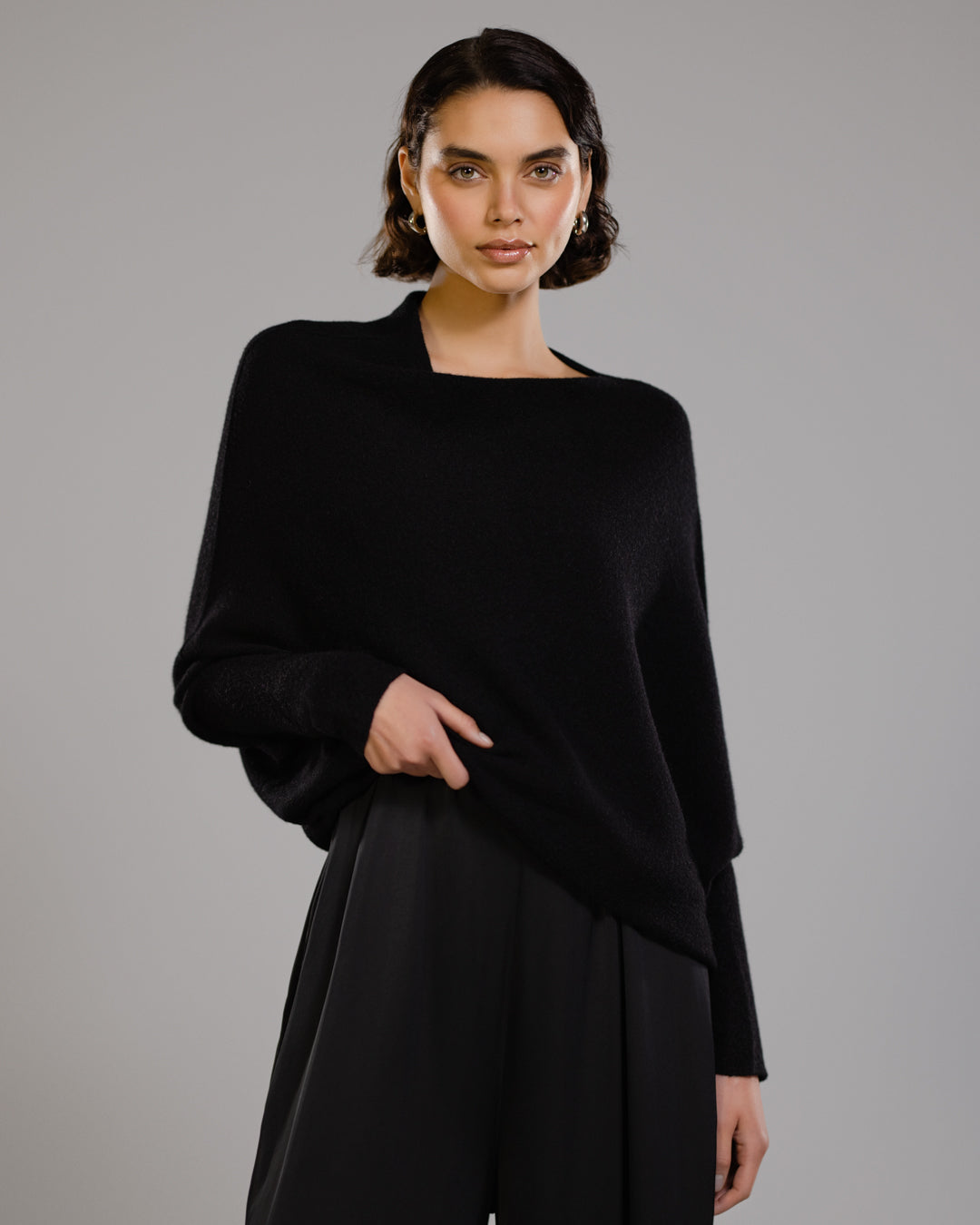 Women's Black Asymmetrical Draped Seamless Knit Top