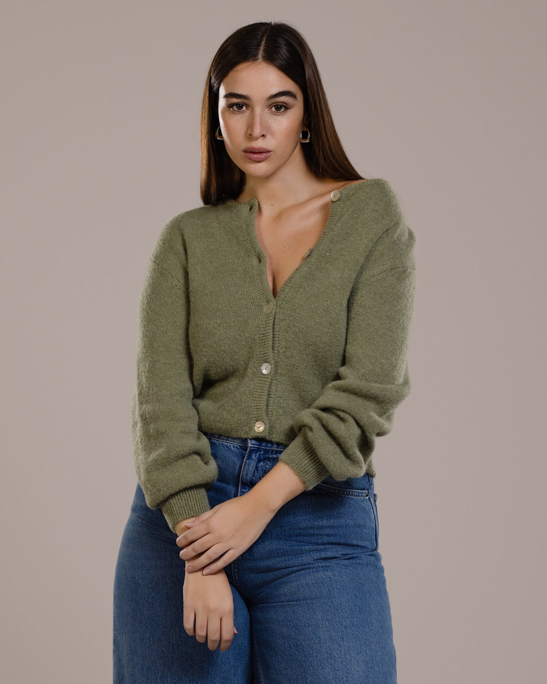 Women's Khaki Button-Up Cardigan, Alpaca-Wool Blend Knit
