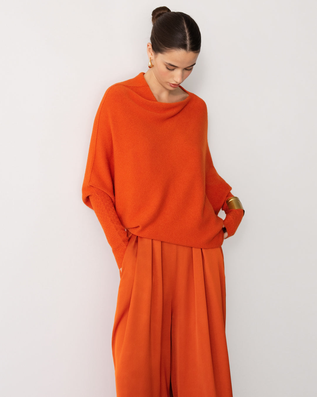 Women's Burnt Orange Asymmetrical Draped Seamless Knit Top