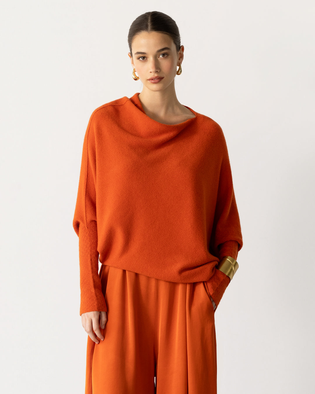 Women's Burnt Orange Asymmetrical Draped Seamless Knit Top
