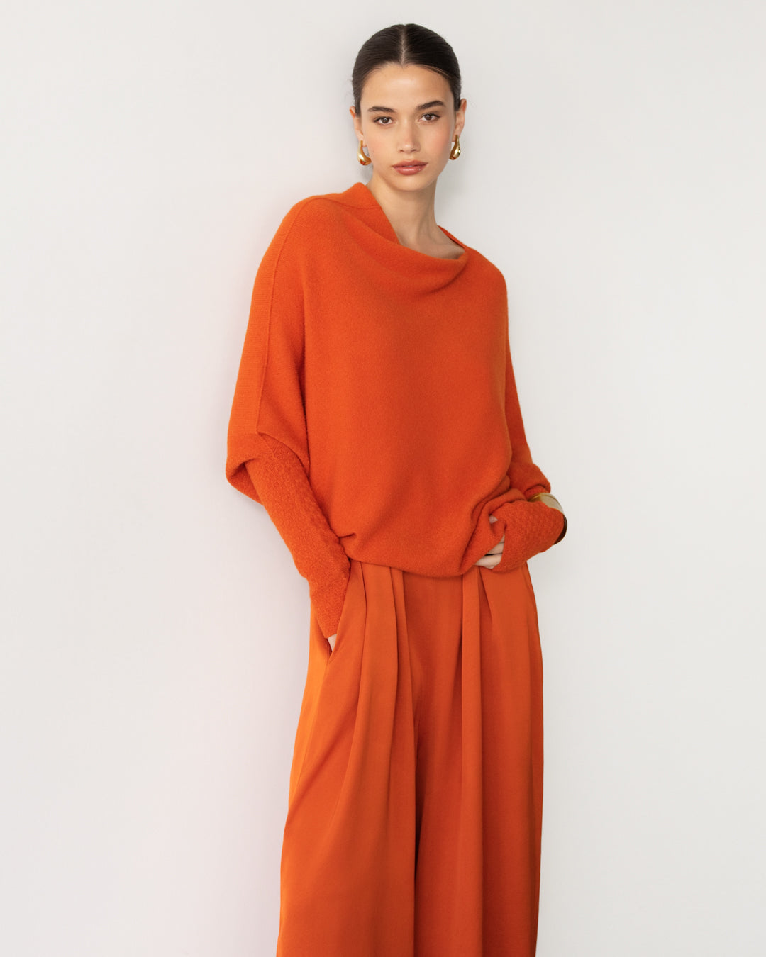 Women's Burnt Orange Asymmetrical Draped Seamless Knit Top