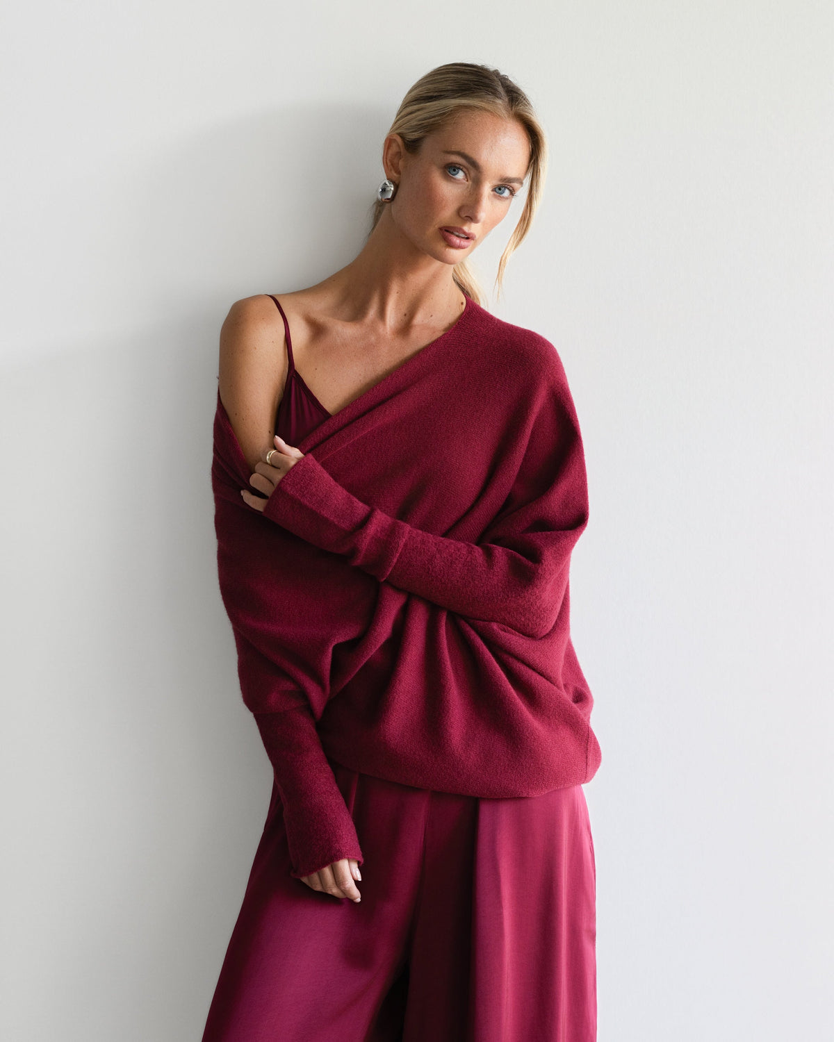Women's Burgundy Asymmetric Draped Knit Top