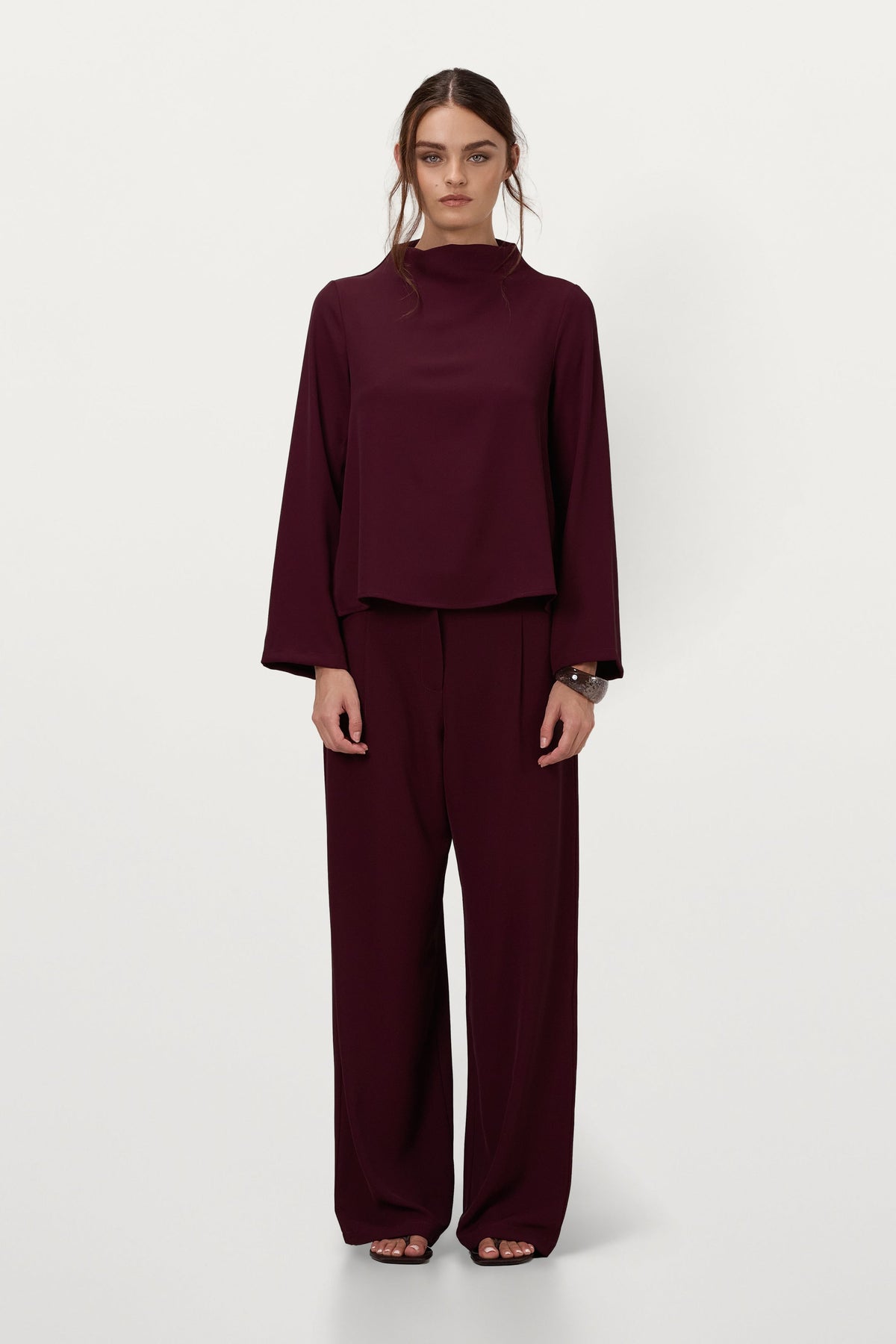 Women's Burgundy High Neck Top with Sleeveless Design