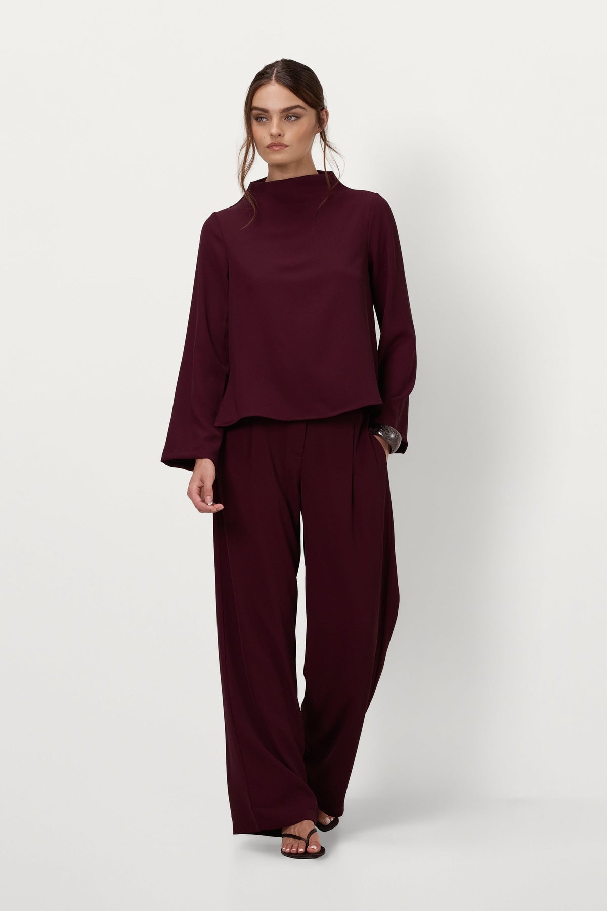 Women's Burgundy High Neck Top with Sleeveless Design