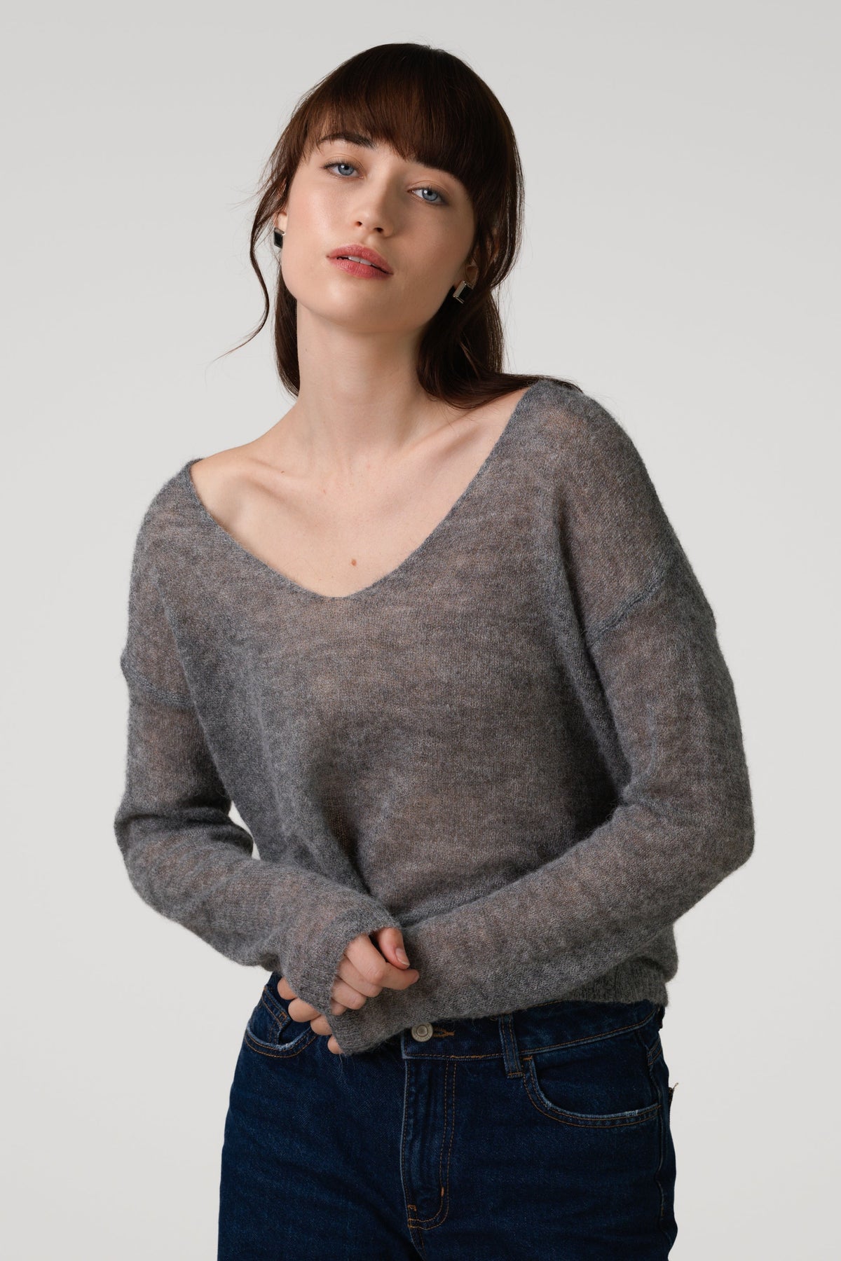 Women's Alpaca Blend Sweater, Relaxed Draped Fit, Fine Ribbed Trims