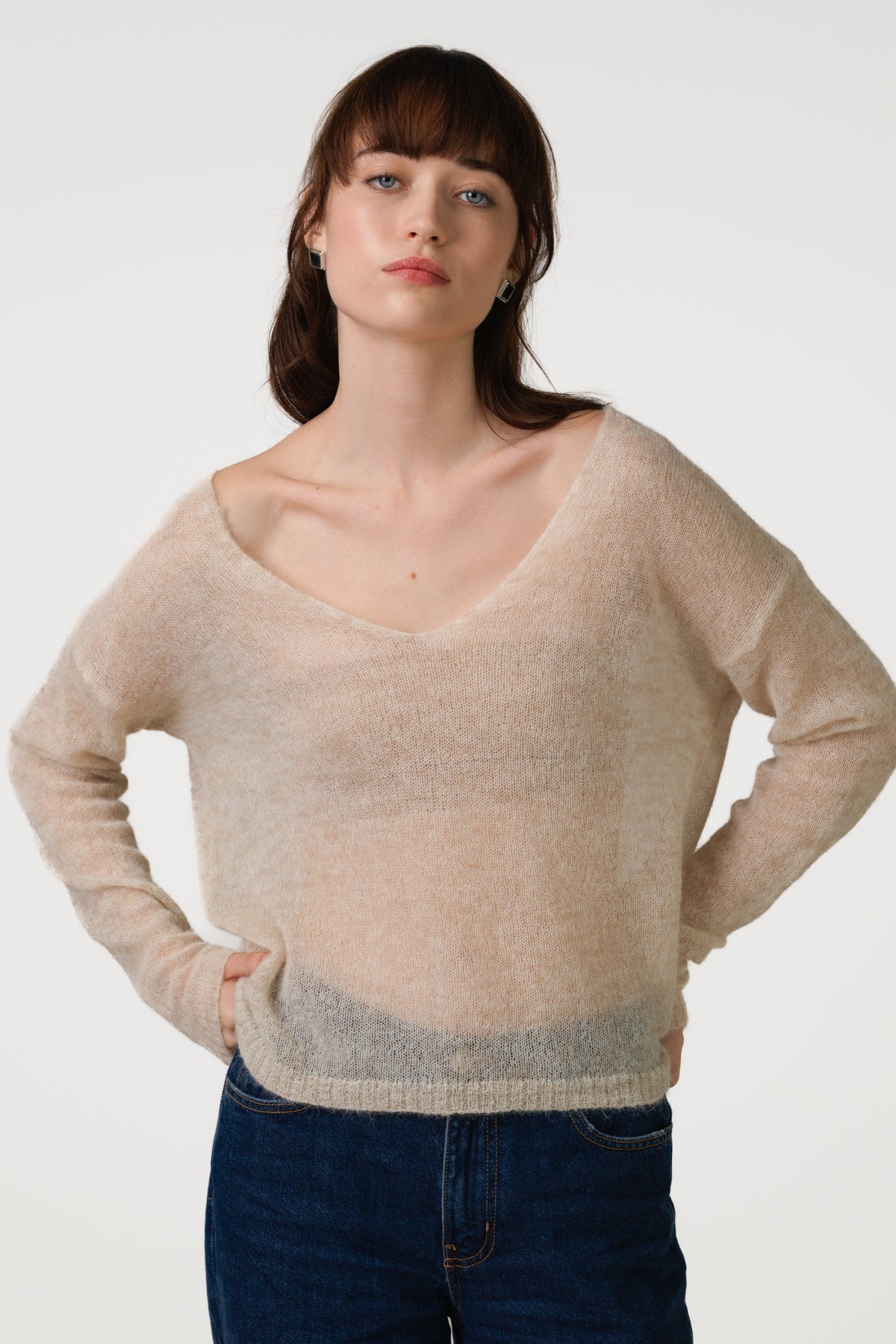 Women's Beige Sheer Sweater, Alpaca Blend Knitwear