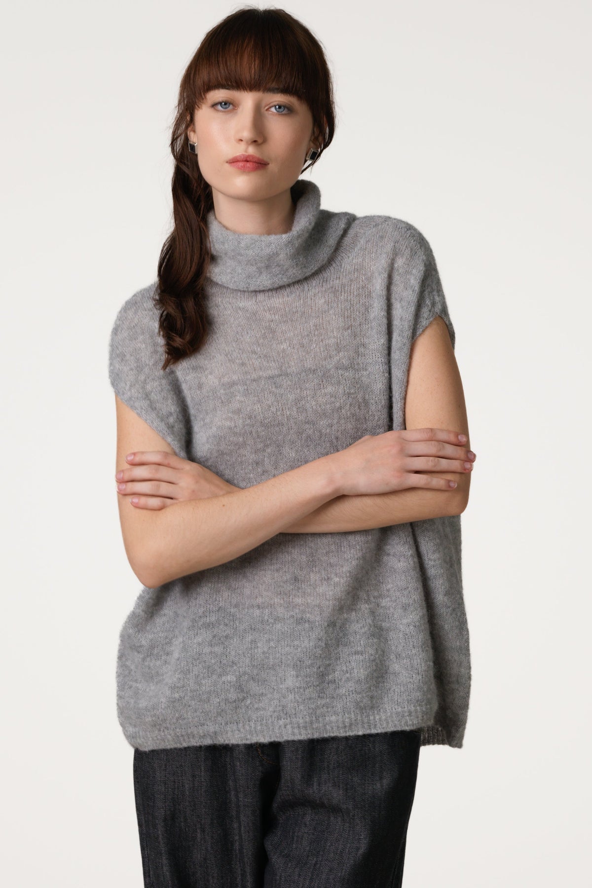 Women's Grey Sleeveless Turtleneck Sweater, Alpaca Wool Blend
