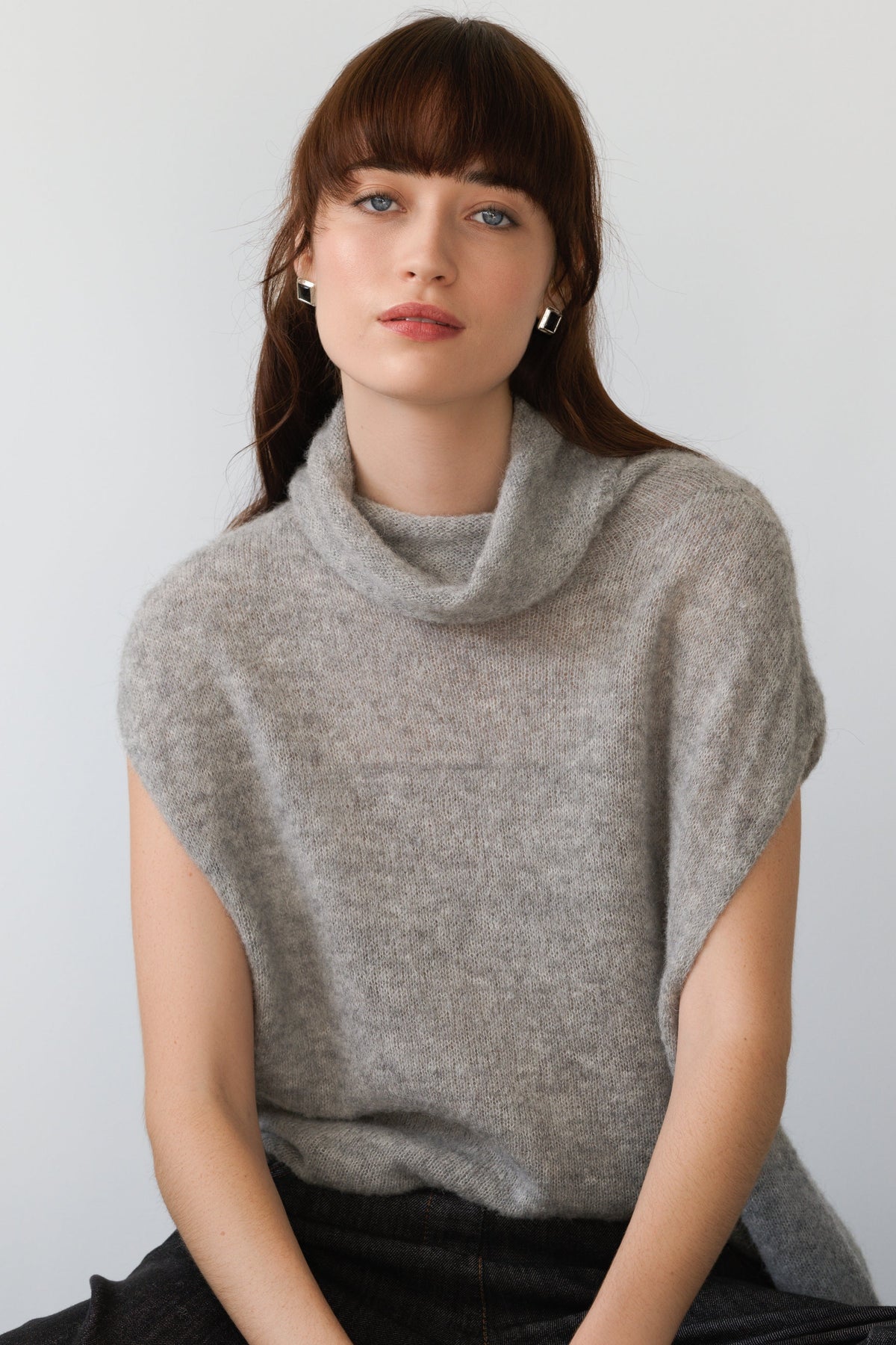 Women's Grey Sleeveless Turtleneck Top, Alpaca-Wool Blend Knit