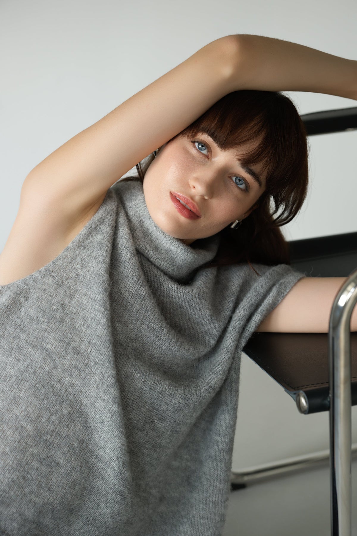 Women's Grey Sleeveless Turtleneck Sweater, Alpaca Wool Blend