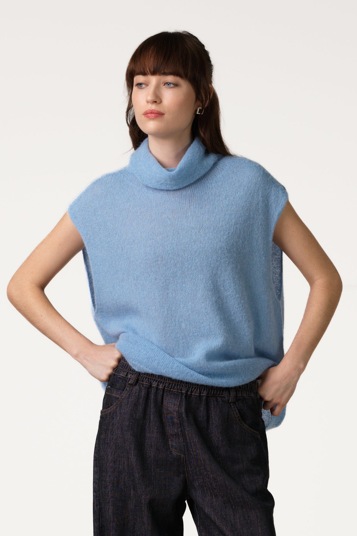 Women's Sky Blue Sleeveless Turtleneck Top