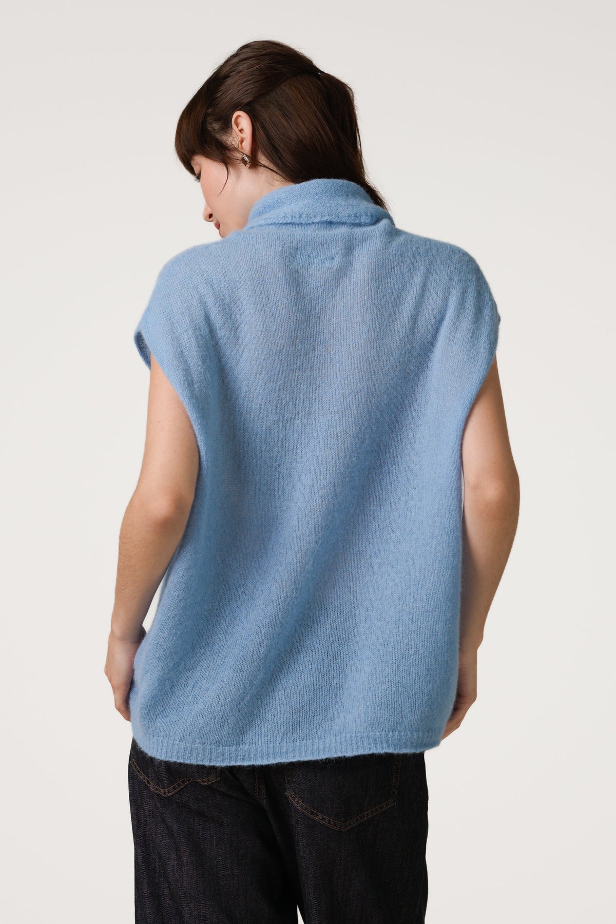 Women's Sky Blue Sleeveless Turtleneck Top, Alpaca-Wool Blend Knit