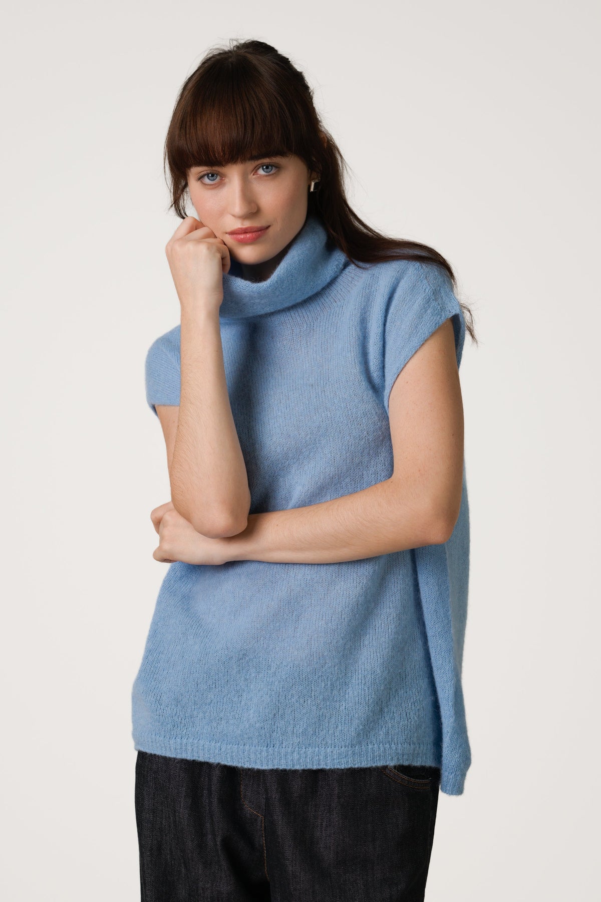 Women's Sky Blue Sleeveless Turtleneck Top, Alpaca-Wool Blend Knit